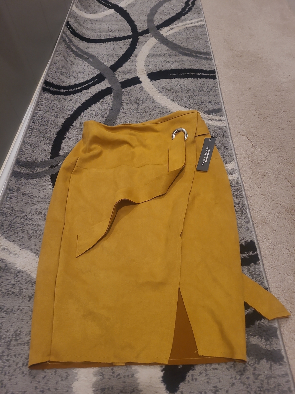 Haute Monde Womens Medium Midi Mustard Pencil Suede Skirt Side Tie Side Slit